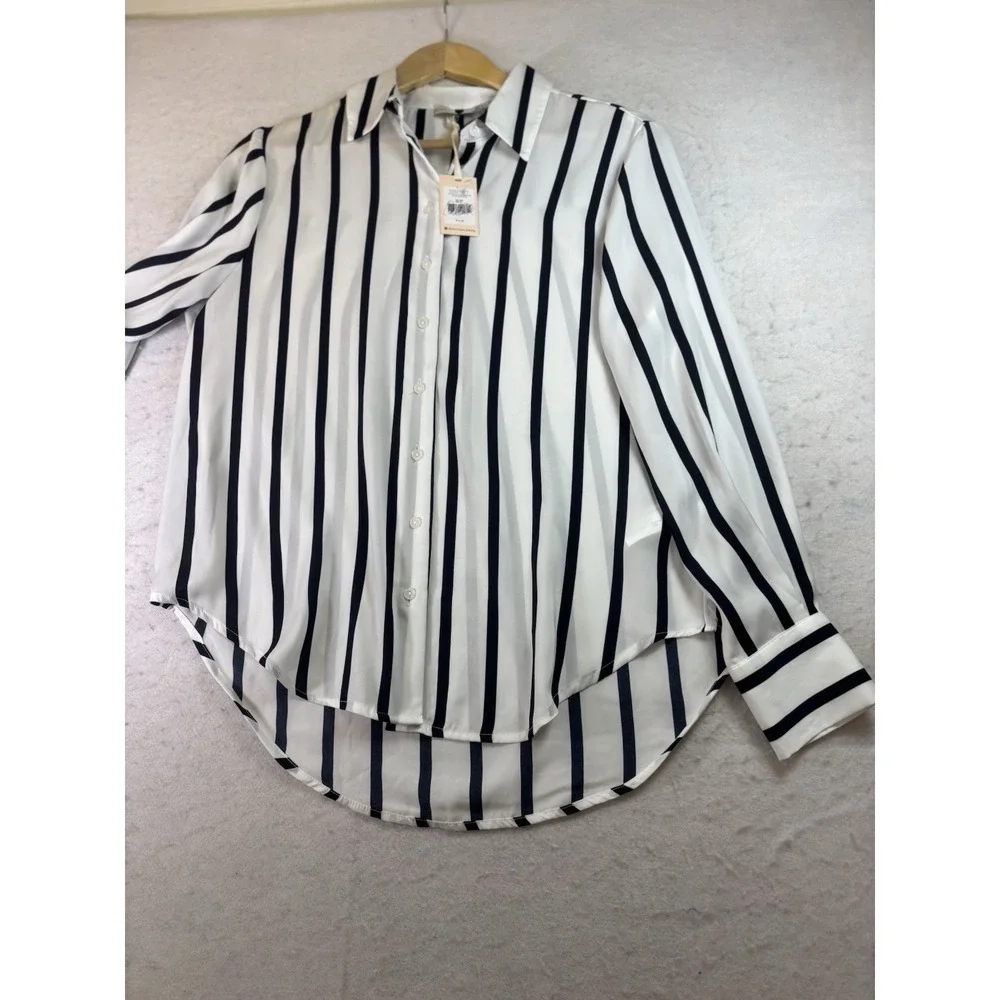 Black Tape Womens S Button Up Shirt Oversized Black Vertical Stripe On White NWT